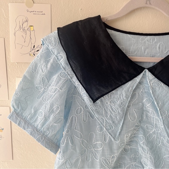 {New}Light Blue Double-Layered Sailor Collar Embroidered Blouse Puff Sleeves - Picture 3 of 9